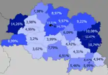 Russians in the region.mw-parser-output .legend{page-break-inside:avoid;break-inside:avoid-column}.mw-parser-output .legend-color{display:inline-block;min-width:1.25em;height:1.25em;line-height:1.25;margin:1px 0;text-align:center;border:1px solid black;background-color:transparent;color:black}.mw-parser-output .legend-text{}&nbsp;&nbsp;>15% (15.51%).mw-parser-output .legend{page-break-inside:avoid;break-inside:avoid-column}.mw-parser-output .legend-color{display:inline-block;min-width:1.25em;height:1.25em;line-height:1.25;margin:1px 0;text-align:center;border:1px solid black;background-color:transparent;color:black}.mw-parser-output .legend-text{}&nbsp;&nbsp;10–15%.mw-parser-output .legend{page-break-inside:avoid;break-inside:avoid-column}.mw-parser-output .legend-color{display:inline-block;min-width:1.25em;height:1.25em;line-height:1.25;margin:1px 0;text-align:center;border:1px solid black;background-color:transparent;color:black}.mw-parser-output .legend-text{}&nbsp;&nbsp;8–10%.mw-parser-output .legend{page-break-inside:avoid;break-inside:avoid-column}.mw-parser-output .legend-color{display:inline-block;min-width:1.25em;height:1.25em;line-height:1.25;margin:1px 0;text-align:center;border:1px solid black;background-color:transparent;color:black}.mw-parser-output .legend-text{}&nbsp;&nbsp;5–8%.mw-parser-output .legend{page-break-inside:avoid;break-inside:avoid-column}.mw-parser-output .legend-color{display:inline-block;min-width:1.25em;height:1.25em;line-height:1.25;margin:1px 0;text-align:center;border:1px solid black;background-color:transparent;color:black}.mw-parser-output .legend-text{}&nbsp;&nbsp;<5%