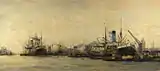 Hobbe Smith (1913): Gezicht op de IJhaven en de Javakade naar het westen, met een "blauwpijper" van de Nederlandsche Stoomvaart Maatschappij Oceaan-Havengezicht het IJ ten zuiden v-d Handelskade, Amsterdam Museum.