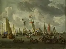 Practice battle on the river IJ in honor of Peter I, Abraham Storck, Amsterdam Museum