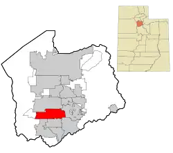 Two maps. The first map is a map of Utah with a colored in section in the middle representing where Salt Lake County is located. Second map is a map of Salt Lake County has a colored in section in the southwest showing where South Jordan is located.