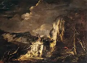 Rocky Landscape with a Huntsman and Warriors (ca. 1670), oil on canvas, 142 x 192&nbsp;cm., Louvre