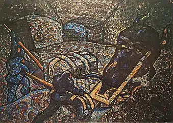 The Retrieval of Sampo from the Stone Hill of Pohjola, where Lemminkäinen ploughs the roots with a Pohjola bull, mosaic by Veikko Aaltona&nbsp;[fi], 1940