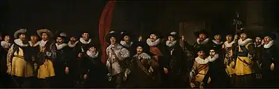 Civic guardsmen from the company of captain Jacob Symonszn de Vries (seated right) and lieutenant Dirck Jacobszn de Graeff (seated left), painted by Thomas de Keyser (1633)