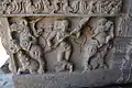 Srirangam, India. Sculpture of warrior woman from the Vijayanagar period, 16th century, Sesha Mandapa hall of the Sri Ranganathaswamy Temple.