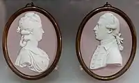 Sir Joseph Banks and Lady Banks, portrait miniature by John Flaxman Jr, 1780-1785, solid lilac jasper with white relief.