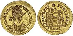 A coin bearing the image of Basiliscus on the obverse, and Basiliscus (left) with Marcus (right) on the reverse