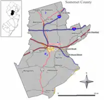 Map highlighting Somerville's location within Somerset County. Inset: Somerset County's location within New Jersey.