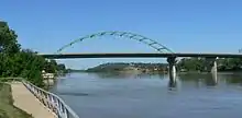 Bridge on high concrete pillars; two pillars connected by double arch