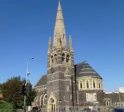 St Mark's Church, Belgrave Gate, Leicester, 1869–72 by Ewan Christian, showing the impressive chancel apse and south-east tower and spire