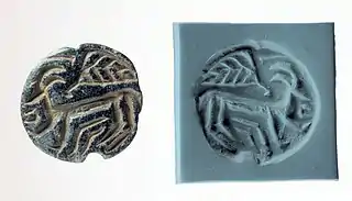 Stamp seal and modern impression: horned animal and bird. 6th–5th millennium BC. Northern Syria or southeastern Anatolia. Ubaid period. Metropolitan Museum of Art.