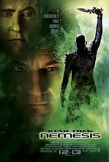 The silhouette of a figure holding a dagger high above his head, against a green smokey background.