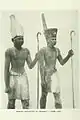 A couple of statuettes which represent a Middle Kingdom pharaoh as King of Upper Egypt (left, with the white crown) and King of Lower Egypt (right, with the red crown). Wood, from el-Lisht, 12th dynasty, Middle Kingdom. (Egyptian Museum, main floor, room 22, JE44951)