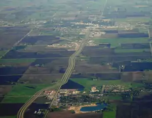 Steinbach (upper) and Blumenort (lower) as seen from the air.