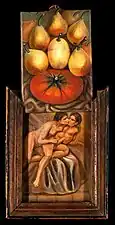 A painting of an erotic scene behind a painting of figs and a tomato. Summonte. Date of creation uncertain 1800 to 1899