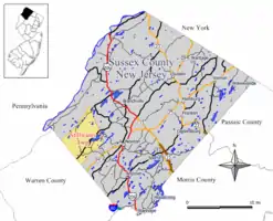 Map of Stillwater Township in Sussex County. Inset: Location of Sussex County in New Jersey.