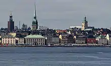 A landscape image of a city setting including a river.