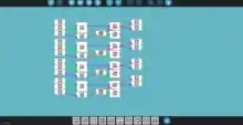 The screenshot contains an image of the microcontroller editor, using nodes that connect different gates, with a hot bar in the bottom and a blue gridded background.