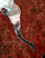 Taken March 20, 2022 with Resourcesat-2; the path made by the icebreaker extends into the canal.