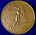 Helvetia flying over Lake Lucerne on a medal for the 600th Anniversary of Switzerland 1891 by Alphée Dubois, obverse