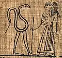 The deceased standing before a walking serpent.