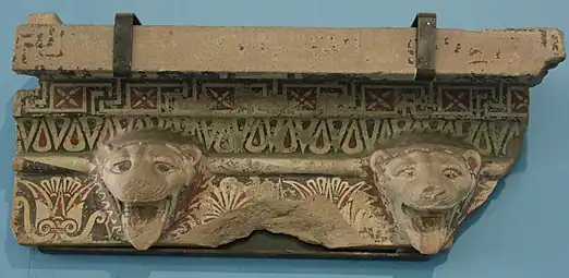 Greek fragment from the roofline of the Temple of Hera at Paestum, present-day Italy, c.520, carved and painted terracotta, Museo Archeologico Nazionale, Paestum