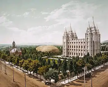 Image 8Temple SquarePhoto: William Henry Jackson; restoration: Tom dl and MmxxAn 1899 photochrom showing Temple Square, a 10-acre (4.0 ha) complex located in the center of Salt Lake City, Utah, US. The location is owned by and serves as headquarters of the Church of Jesus Christ of Latter-day Saints and was selected by Church president Brigham Young in 1846. Temple Square is home to several buildings; depicted here are the Salt Lake Temple, Salt Lake Tabernacle and Salt Lake Assembly Hall.More featured pictures