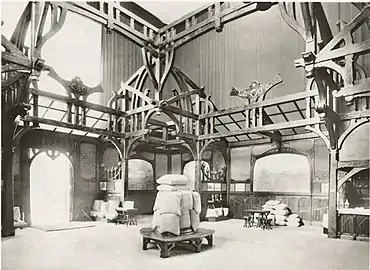 Wooden structure by Georges Hobé&nbsp;[fr] in the Hall of the Great Cultures during the exhibition