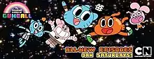 Nicole, Richard, Gumball, Darwin, and Anais Watterson, the five main characters of The Amazing World of Gumball are prominently displayed from left to right over a space background, with the text "All-New Episodes/9AM Saturdays!" sprawled across the bottom of the image