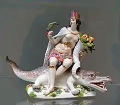 Personification of the Americas with an alligator, a parrot, and a cornucopia, all symbols of the New World