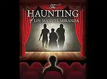 This is the official poster for the play. Three shadowy figures stand centered on a stage that has red curtains pulled to either side. The back of a single shadowy figure sits in the audience facing the stage.