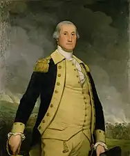 A three-quarter-length portrait of a man in dark coat with a collar, shoulder tassels, vest and trousers all in gold, standing with a sword and hat in hand against a background of a battlefield with cannons and soldiers under a cloudy sky