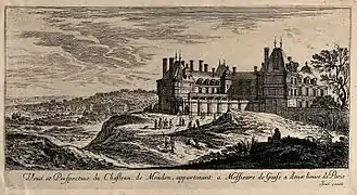 View of the castle of Meudon, around 1600. In reality, the village of Meudon backed up to the enclosing wall