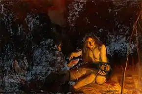 A woman caressing an injured man and covering him in herbs from a bowl