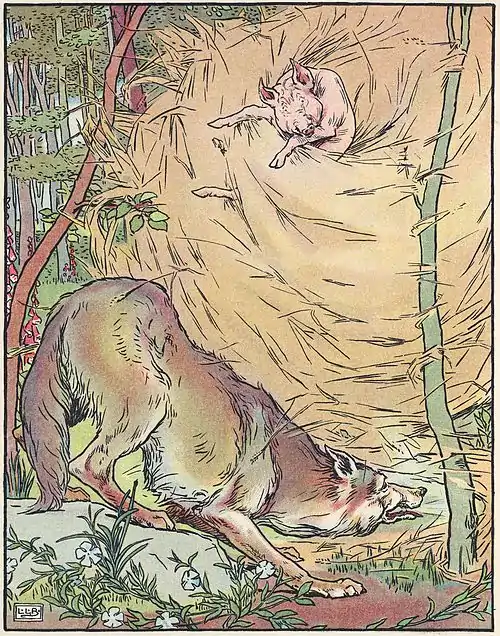 Image 1Three Little PigsArtist: Leonard Leslie Brooke; Restoration: JujutacularThe wolf blows down the straw house in a 1904 adaptation of Three Little Pigs, a fairy tale featuring anthropomorphic animals. Printed versions date back to the 1840s, but the story itself is thought to be much older. The story in its arguably best-known form appeared in English Fairy Tales by Joseph Jacobs, first published in 1890. The phrases used in the story, and the various morals which can be drawn from it, have become embedded in western culture. The story uses the literary rule of three, expressed in this case as a "contrasting three", as the third pig's brick house turns out to be the only one which is adequate to withstand the wolf.More selected pictures