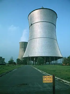 The THTR-300 cooling tower for a now-decommissioned nuclear reactor in Hamm-Uentrop, Germany, 1983.