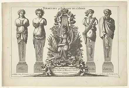 Baroque designs of caryatids (left) and atlantes (right), each symbolizing a season of the year, by Jean Le Pautre, c.1670-1680, etching on paper