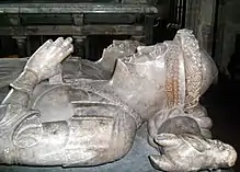 Richard Vernon (died 1451, foreground) and Benedicta de Ludlow. Through their marriage the Vernons of Haddon Hall obtained Tong. Tomb in St Bartholomew's Church, Tong, Shropshire. Richard was Speaker of the House of Commons in 1426.
