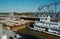 Towboat Brimstone entering auxiliary lock at McAlpine Locks, 1987