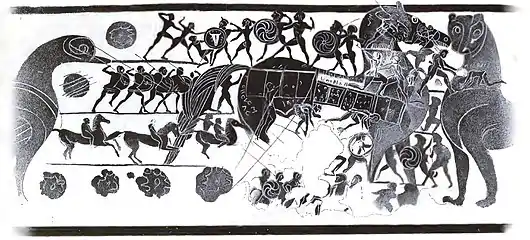 Depiction of the Trojan Horse on a Corinthian aryballos (ca. 560 BC) found in Cerveteri (Italy)