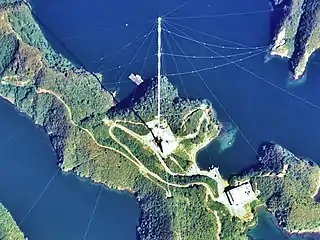 Omega navigation system antenna&nbsp;H, an obsolete radio navigation system, Tsushima, Japan, 389&nbsp;meters, built 1973.  Transmitted on 10–14&nbsp;kHz.