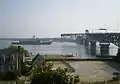 USS&nbsp;Elrod&nbsp;(FFG-55) about to pass through the George P. Coleman Memorial Bridge on the York River, Summer 2011