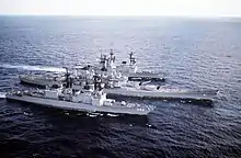 USS Comte de Grasse , USS Iowa and USS Deyo in the Atlantic Ocean on 14 January 1987