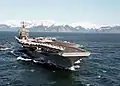 Abraham Lincoln sailing in the Gulf of Alaska as part of a joint training exercise, specifically during the "Northern Edge" Joint Training Exercise.