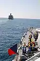 Sailors on board Babur  prepare for an underway replenishment with the US Military Sealift Command vessel, USNS&nbsp;John Lenthall in the Arabian Sea in 2007.