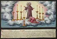 Folio 172. St. John's vision of Christ and the seven candlesticks (Revelation 1:12-18)