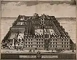 University College, Oxford: aerial view with key and scale.