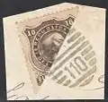 Uruguay 1883, 10 centimos bisected for use as 5 centimos.