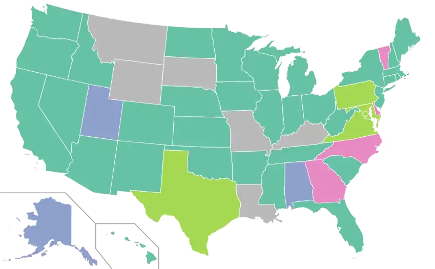 Minimum age to purchase tobacco in the USA as of 1989: .mw-parser-output .legend{page-break-inside:avoid;break-inside:avoid-column}.mw-parser-output .legend-color{display:inline-block;min-width:1.25em;height:1.25em;line-height:1.25;margin:1px 0;text-align:center;border:1px solid black;background-color:transparent;color:black}.mw-parser-output .legend-text{}&nbsp;&nbsp;Minimum age was 19.mw-parser-output .legend{page-break-inside:avoid;break-inside:avoid-column}.mw-parser-output .legend-color{display:inline-block;min-width:1.25em;height:1.25em;line-height:1.25;margin:1px 0;text-align:center;border:1px solid black;background-color:transparent;color:black}.mw-parser-output .legend-text{}&nbsp;&nbsp;Minimum age was 18.mw-parser-output .legend{page-break-inside:avoid;break-inside:avoid-column}.mw-parser-output .legend-color{display:inline-block;min-width:1.25em;height:1.25em;line-height:1.25;margin:1px 0;text-align:center;border:1px solid black;background-color:transparent;color:black}.mw-parser-output .legend-text{}&nbsp;&nbsp;Minimum age was 17.mw-parser-output .legend{page-break-inside:avoid;break-inside:avoid-column}.mw-parser-output .legend-color{display:inline-block;min-width:1.25em;height:1.25em;line-height:1.25;margin:1px 0;text-align:center;border:1px solid black;background-color:transparent;color:black}.mw-parser-output .legend-text{}&nbsp;&nbsp;Minimum age was 16.mw-parser-output .legend{page-break-inside:avoid;break-inside:avoid-column}.mw-parser-output .legend-color{display:inline-block;min-width:1.25em;height:1.25em;line-height:1.25;margin:1px 0;text-align:center;border:1px solid black;background-color:transparent;color:black}.mw-parser-output .legend-text{}&nbsp;&nbsp;No set minimum age