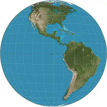Image 2General Perspective projectionMap: Strebe, using GeocartThe General Perspective projection is a map projection used in cartography in which the Earth is depicted as viewed from a finite distance above its surface. If the view precisely faces the center of the Earth, the projection is a vertical perspective projection; otherwise, it is a tilted perspective projection. Here is shown a vertical perspective from an altitude of 35,786 km over (0°, 90°W), corresponding to a view from geostationary orbit. Due to the horizon as seen from the viewpoint position, the projection always shows less than half of the Earth's surface: in this case neither of the North and South Poles is visible.More selected pictures
