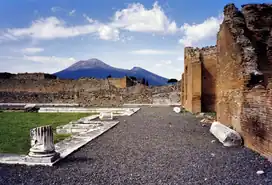 Mount Vesuvius looms over the ruins of Pompeii.